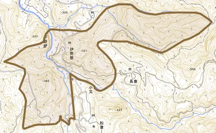 伊勢屋とその周辺の地図。町の範囲を重ねている