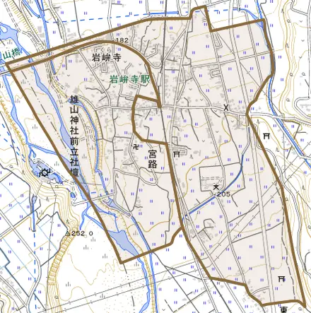 岩峅寺とその周辺の地図。町の範囲を重ねている