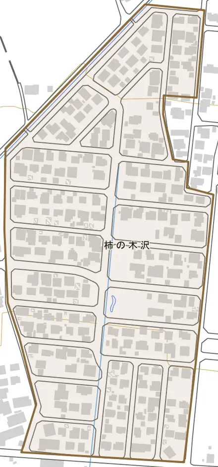 柿の木沢とその周辺の地図。町の範囲を重ねている