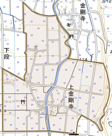 上金剛寺とその周辺の地図。町の範囲を重ねている