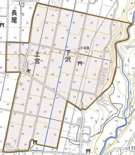 上宮とその周辺の地図。町の範囲を重ねている