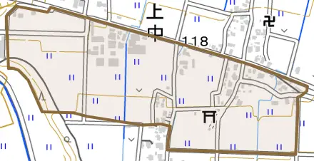 上中とその周辺の地図。町の範囲を重ねている