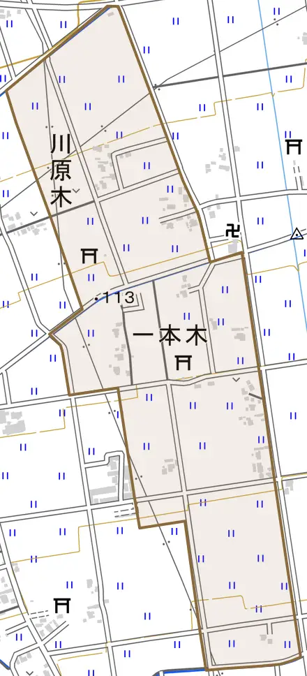 川原木とその周辺の地図。町の範囲を重ねている
