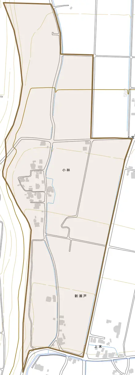 小林とその周辺の地図。町の範囲を重ねている