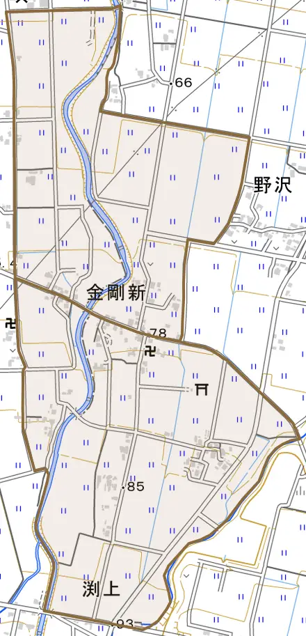 金剛新とその周辺の地図。町の範囲を重ねている
