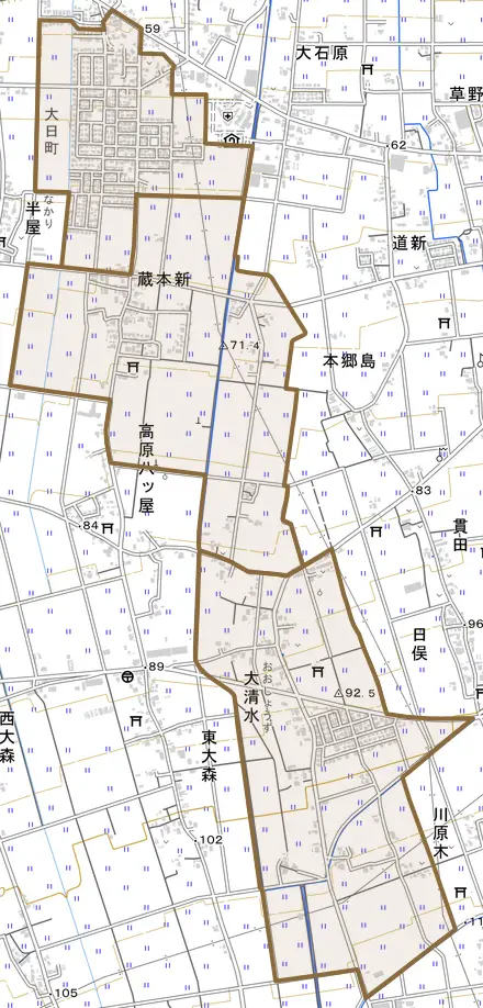 蔵本新とその周辺の地図。町の範囲を重ねている