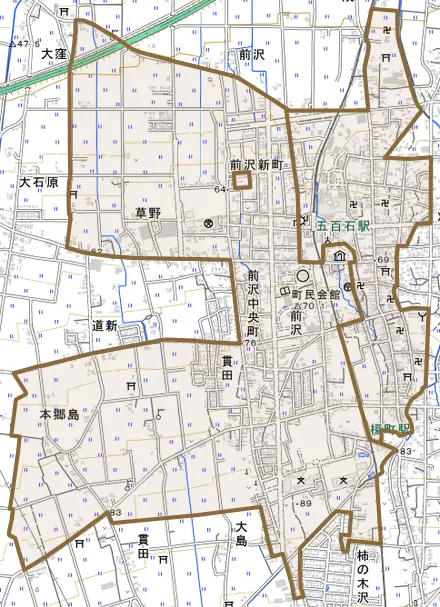 前沢とその周辺の地図。町の範囲を重ねている