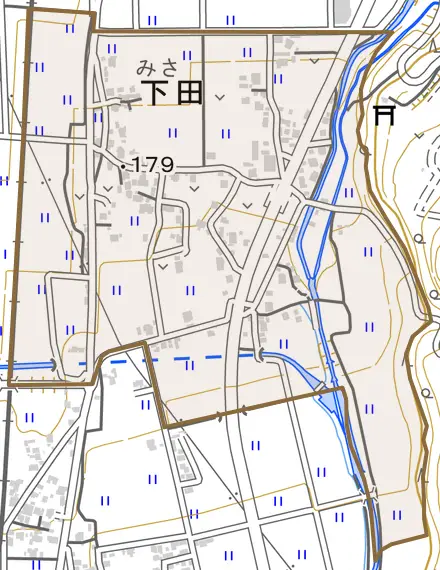 宮路とその周辺の地図。町の範囲を重ねている