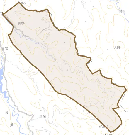 虫谷とその周辺の地図。町の範囲を重ねている