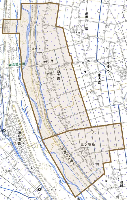 西大森とその周辺の地図。町の範囲を重ねている