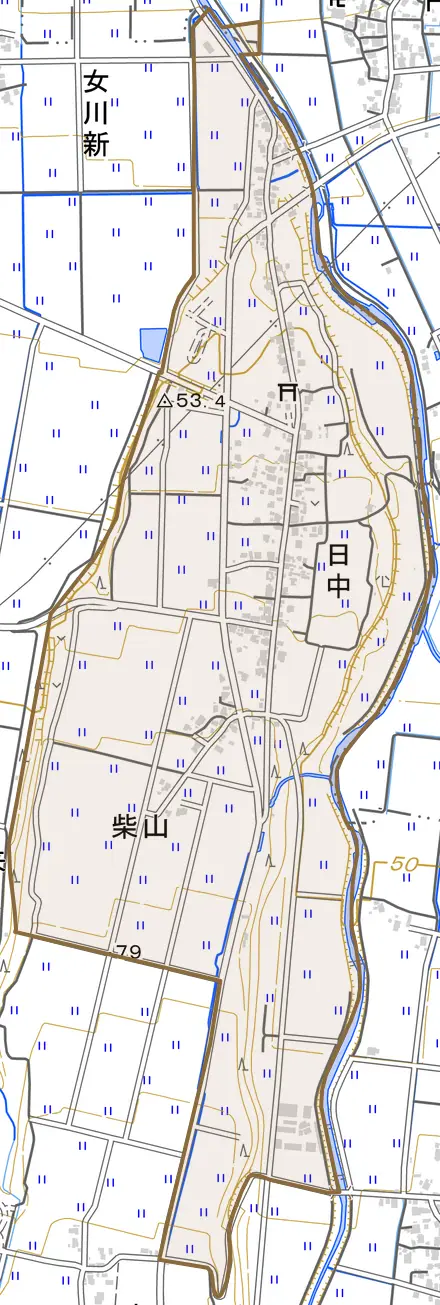 日中とその周辺の地図。町の範囲を重ねている