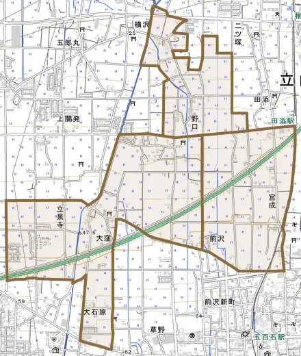 野口とその周辺の地図。町の範囲を重ねている