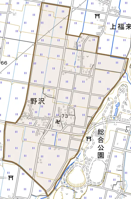 野沢とその周辺の地図。町の範囲を重ねている