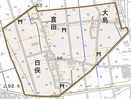 貫田とその周辺の地図。町の範囲を重ねている