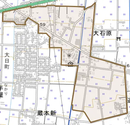 大石原とその周辺の地図。町の範囲を重ねている
