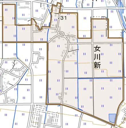 女川新とその周辺の地図。町の範囲を重ねている