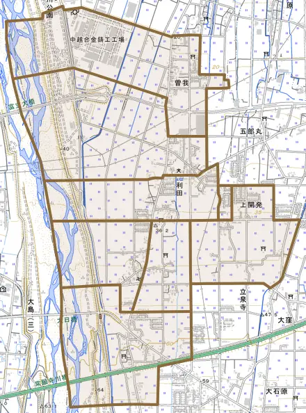 利田とその周辺の地図。町の範囲を重ねている