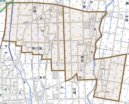 沢端とその周辺の地図。町の範囲を重ねている