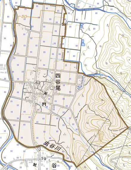 四谷尾とその周辺の地図。町の範囲を重ねている