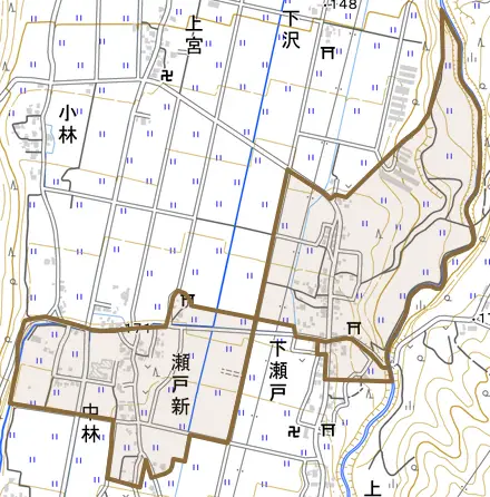 下瀬戸とその周辺の地図。町の範囲を重ねている