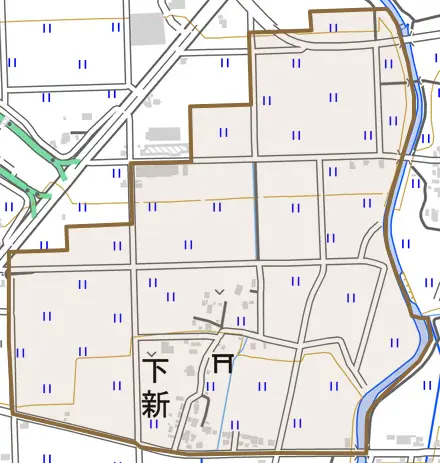 下新とその周辺の地図。町の範囲を重ねている