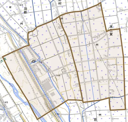 末三賀とその周辺の地図。町の範囲を重ねている