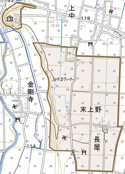 末上野とその周辺の地図。町の範囲を重ねている