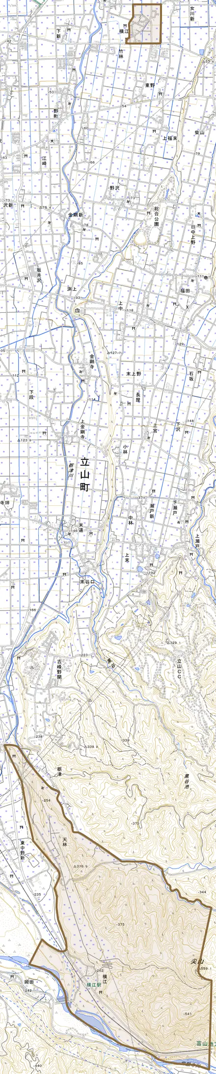 横江とその周辺の地図。町の範囲を重ねている