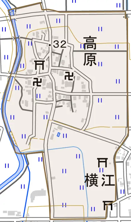 高原とその周辺の地図。町の範囲を重ねている
