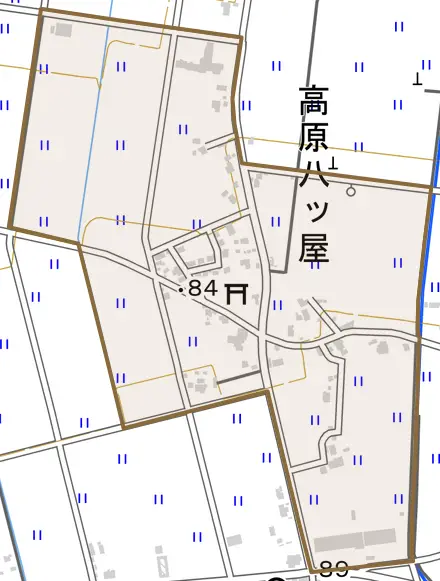 高原八ツ屋とその周辺の地図。町の範囲を重ねている