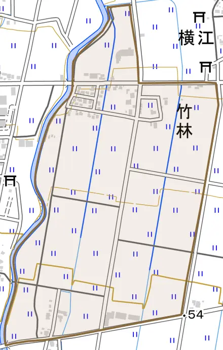 竹林とその周辺の地図。町の範囲を重ねている
