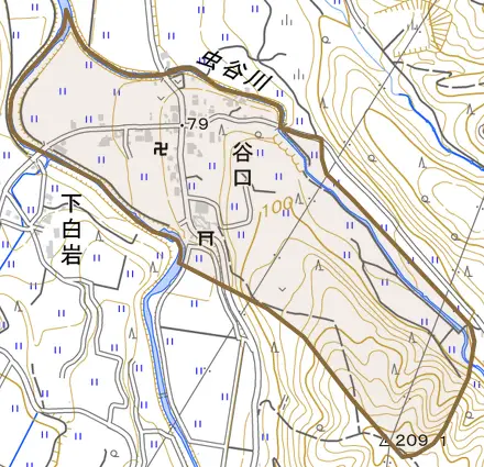 谷口とその周辺の地図。町の範囲を重ねている