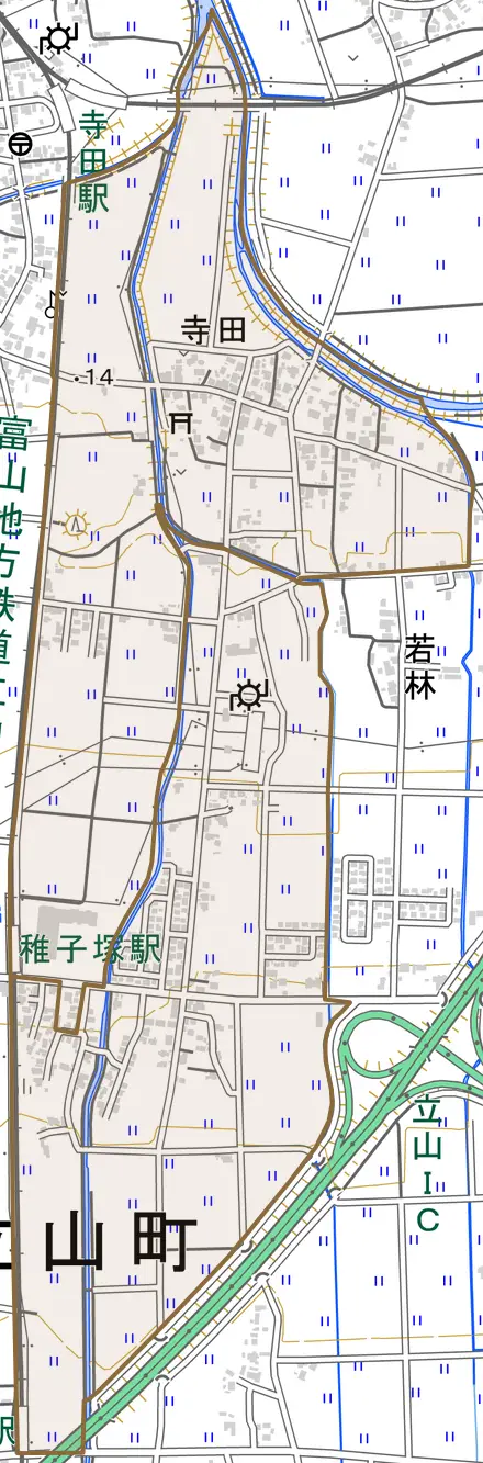 寺田とその周辺の地図。町の範囲を重ねている