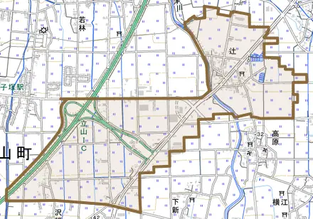 辻とその周辺の地図。町の範囲を重ねている
