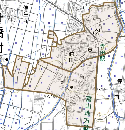 浦田とその周辺の地図。町の範囲を重ねている