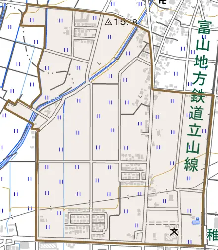浦田新とその周辺の地図。町の範囲を重ねている