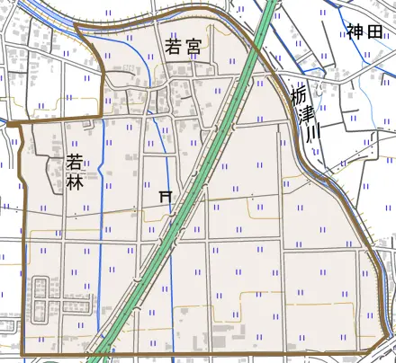 若宮とその周辺の地図。町の範囲を重ねている
