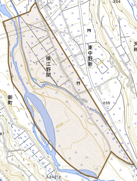 横江野開とその周辺の地図。町の範囲を重ねている