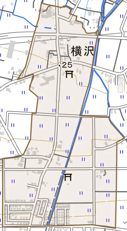 横沢とその周辺の地図。町の範囲を重ねている