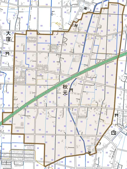 秋元とその周辺の地図。町の範囲を重ねている