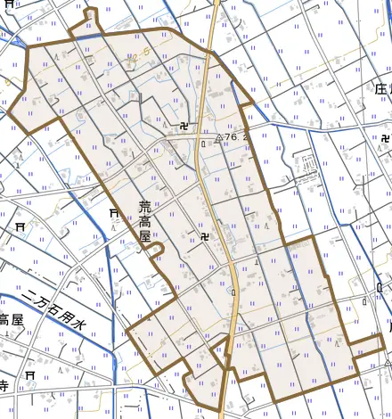 荒高屋とその周辺の地図。町の範囲を重ねている