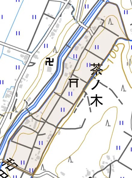 茶ノ木とその周辺の地図。町の範囲を重ねている