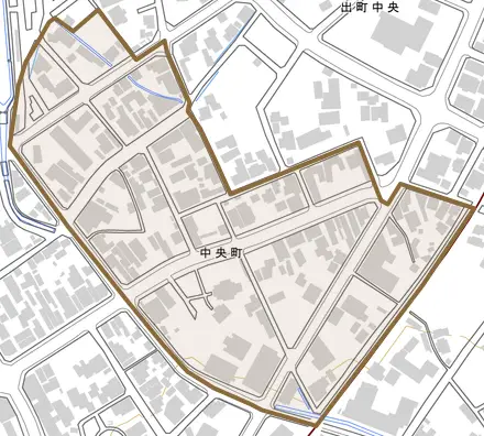 中央町とその周辺の地図。町の範囲を重ねている