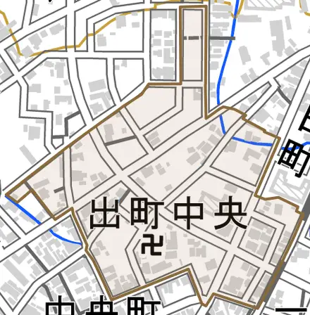 出町中央とその周辺の地図。町の範囲を重ねている