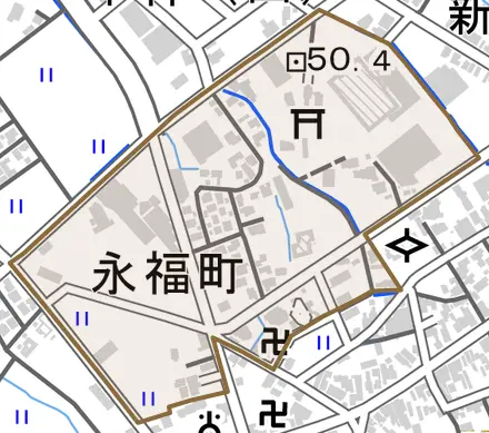 永福町とその周辺の地図。町の範囲を重ねている