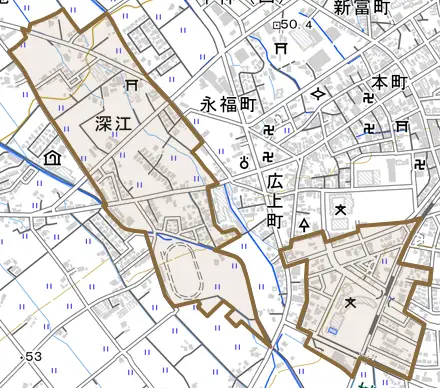 深江とその周辺の地図。町の範囲を重ねている