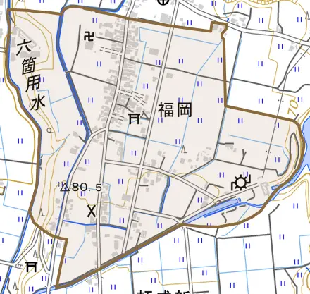 福岡とその周辺の地図。町の範囲を重ねている