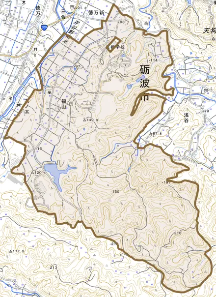 福山とその周辺の地図。町の範囲を重ねている