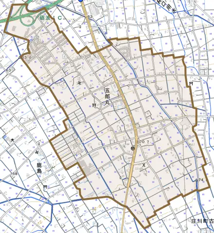 五郎丸とその周辺の地図。町の範囲を重ねている