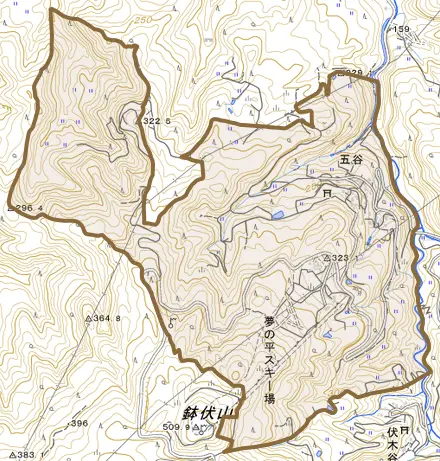 五谷とその周辺の地図。町の範囲を重ねている